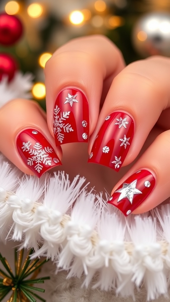 Festive Red Christmas Nail Art Close-up of red Christmas nails with festive designs and glitter.